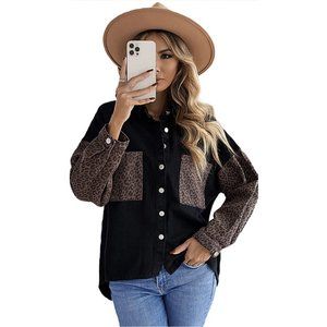 Casual Denim Women’s Leopard Oversized Jacket Jeans Shirt Blouse size S